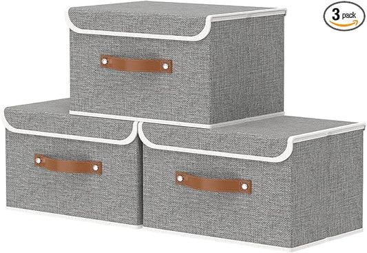 OUTBROS Large Fabric Storage Box with Lid, Collapsible Wardrobe Organiser, Linen Cubes For Towels, Clothes, 13 x 9.1 x 7.9 inch (Grey, 3-Pack)