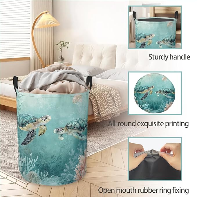 Laundry Hamper Foldable Oxford Cloth Turtle Beach Palm Trees Laundry Basket With Handle Portable Clothes Storage Organizer Basket Storage Bag For Laundry Room/Bedroom/Bathroom
