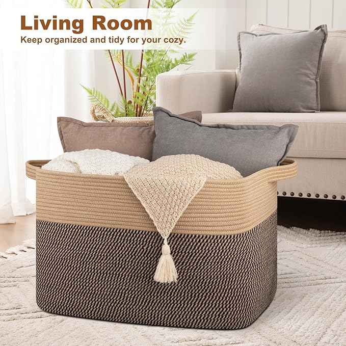 OIASKET XXXL Supre Large Blanket Basket for Clothes, Towels, Pillows, 108L Cotton Rope Storage Basket for Living Room, Supre Large Woven Toy Storage for Kids, 25" x 16" x 16", Brown and Black