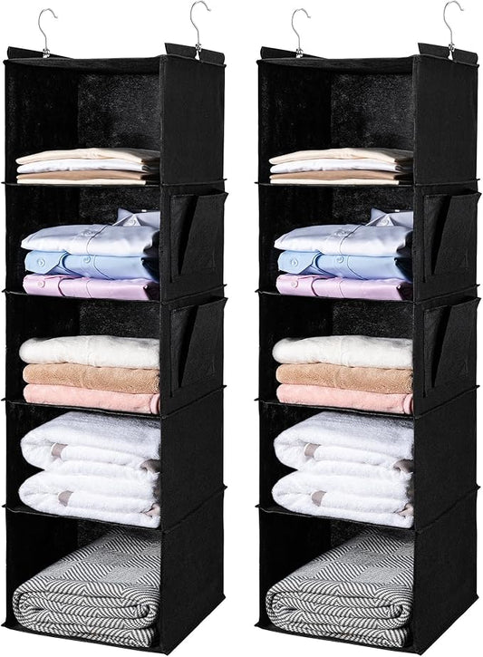 BOOMIBOO Hanging Closet Organize and Shelves，5-Hanging Shelf with 2 Side Pockets，Storage Foldable （2 Pack,Black）