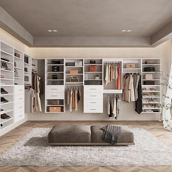 ROOMTEC Modular Closet System, 96" Wall Mounted Modern Closet Organizer with Hanging Rods and Drawers, Wooden Tower for Walk-In Closets, Wardrobe Storage Kit, White