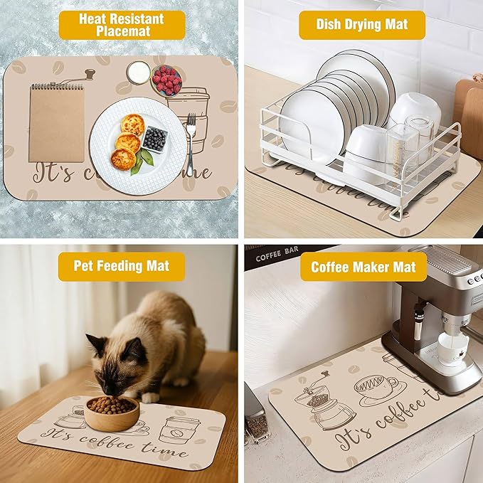 It's Coffee Time Coffee Mat 12" x 19", Non-Slip Absorbent Quick-Dry Mat, Protects Countertops from Spills Stains for Coffee Makers Espresso Machines