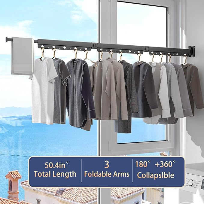 Wall Mounted Clothes Hanger Rack Folding Wall Mounted Clothes Hanger for Laundry (3-Fold Black)