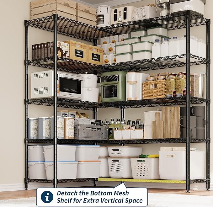 5-Tier Metal Storage Shelves, Heavy Duty Wire Rack Shelving Unit for Garage Kitchen Storage, 15.7"D x 71"W x 70.5"H Adjustable Shelf for Basement & Pantry Room Organization, Easy Assembly