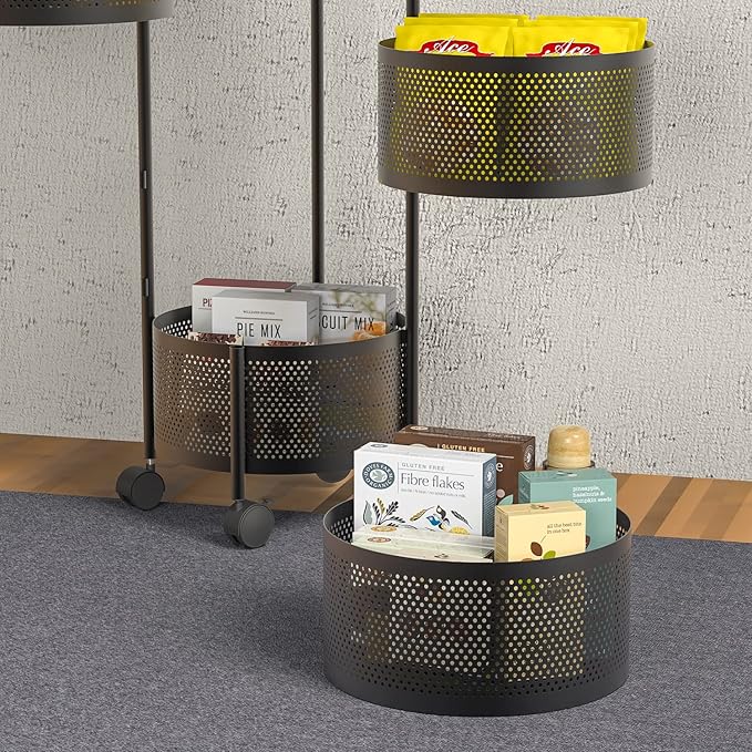 JAQ No Assembly Rotating Storage Cart, 5-Tier Rolling Kitchen Cart with Wheels, Round Large Capacity Fruit Vegetable Storage Rack, Easy Access Onion Potato Organizer, Heavy Duty Metal (Black)