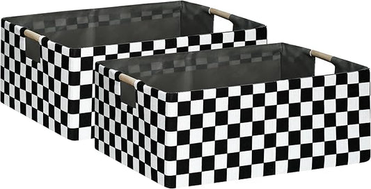 Checkered Storage Basket Foldable Nursey Box | 16.9" Storage Cube for Women Closet Organizer Boys Car Toys Bins with Handles | Sturdy Cardboard & Washable Fabric 2Pack
