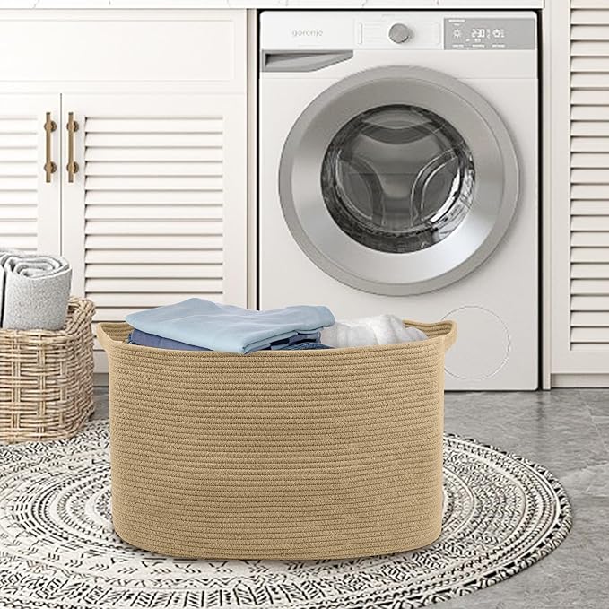 MEGASKET Large Jute Rectangle Rope Basket, 23.6" x 17" x 12" Blanket Storage for Living Room, Pool Towel Basket, Woven Baby Floor Laundry Hamper for Clothes, Toy Storage Bin, Bathroom Towel Storage