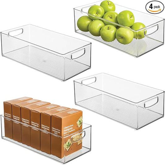 Plastic Stackable Pantry Bin - Organizer Bin with Handles for Cabinets or Fridge - Set of 4 - Clear