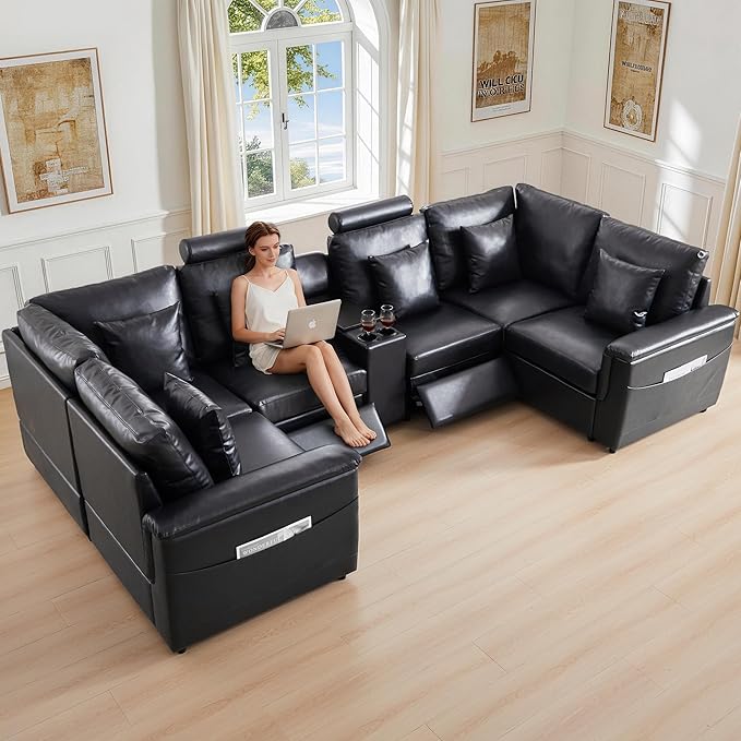 LEVNARY 6-Seat U Shaped Modular Sectional Sofa with Power Recliners, Upholstered Faux Leather Couch Storage Console with Charging Ports & Cup Holders, Living Room Couch Set for Home Office (Black)