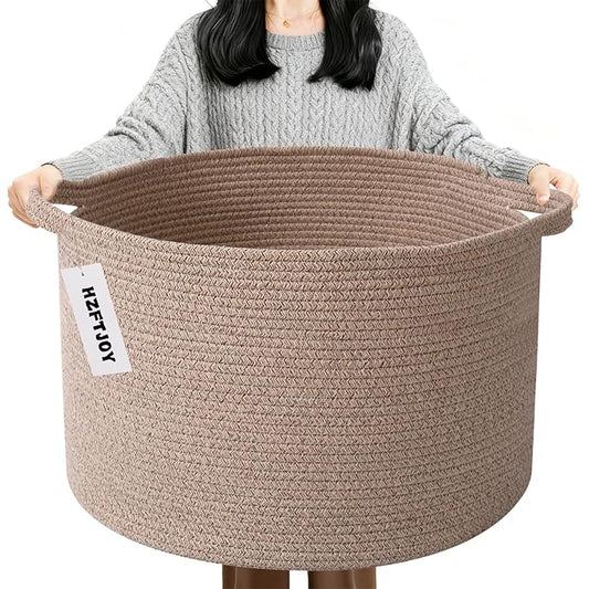 90L Large Blanket Basket,21.7"L x 21.7"W x 13.8"H Rope Woven Baskets with Handles,Brown Storage Bins,Laundry Basket Perfect for Living Room, Nursery,Bedroom,Home Organization