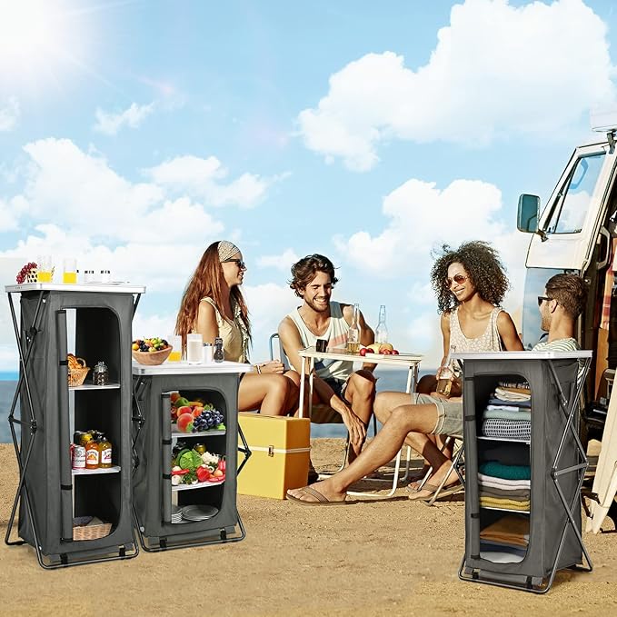 Giantex Folding Camping Storage Cabinet with 3 Shelves and Carry Bag, Portable Outdoor Organizer Kitchen Table, Quick Set-up for BBQ, Picnic, Backyard, Compact Pop-Up Cupboard, 35''H