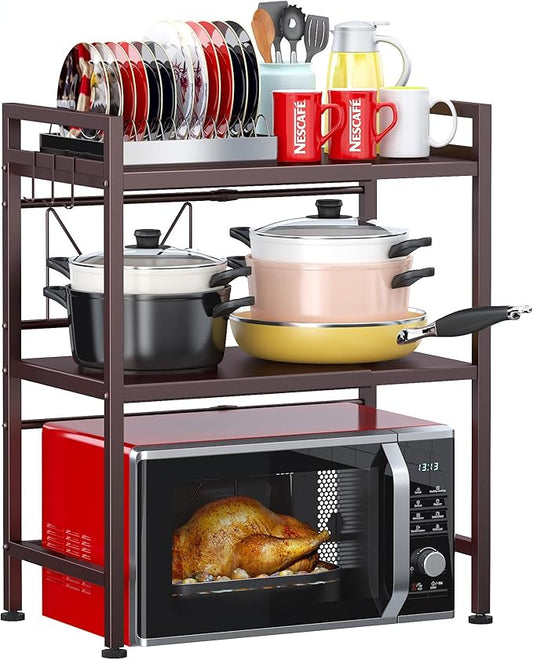 PUSDON 3-Tier Expandable Microwave Oven Rack, Countertop Baker's Rack Style Shelf, Heavy Duty Adjustable Stand with Hooks, 160lbs Capacity Rustic Decor, Vintage Bronze