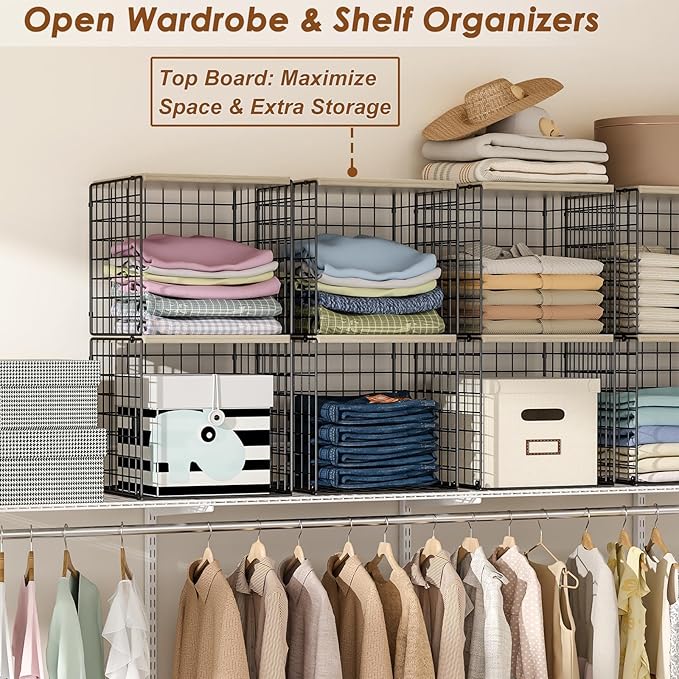 Hencawima 4-Tier Stackable Closet Organizers and Storage, Dual-Layer Reinforced Clothing Cube Shelves with Wood Tops, Sturdy Clothes Storage Bins & Shelf Basket for Wardrobe, Closet Organizer System