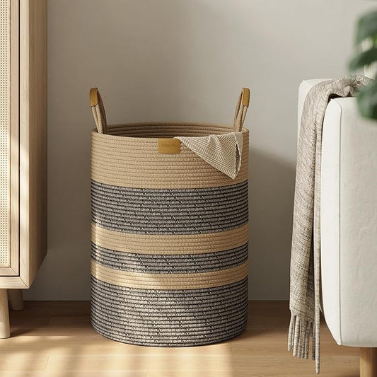 Nunsino 62L Striped Laundry Hamper with Leather Handles,Large Foldable Laundry Basket for Clothes,Cotton Rope Storage Bin for Blankets,Woven Clothes Basket for Bedroom,Dark Brown Stripes
