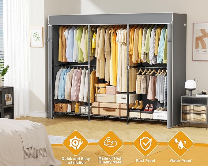 ULIFHOME E14C Pro Heavy Duty Closet Organizer System，Freestanding Clothing Racks for Hanging Clothes，Adjustable Garment Rack 70.1"W × 16.6"D × 76.4"H Hold 960 lbs，Black Rack with Grey Dustproof Cover