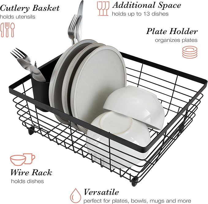 Kitchen Details Flat Wire Countertop or Over The Sink Dish Drying Rack with Cutlery Basket | Holds up 10 Dishes | Mugs | Kitchen Accessories | Black