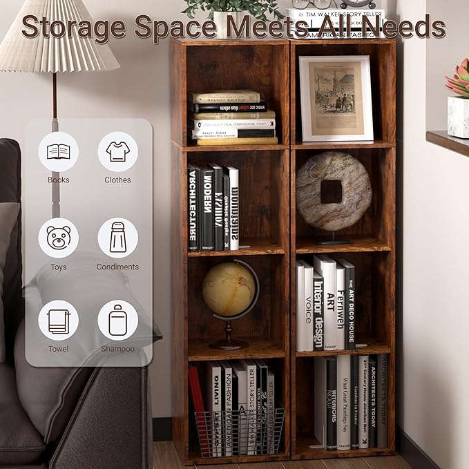 Cube Storage Organizer, 4 Cube Retro Bookshelf, Freestanding 4 Tier Open Shelf, Rustic Brown Retro Shelves for Home Office, Bedroom, Living Room, Study