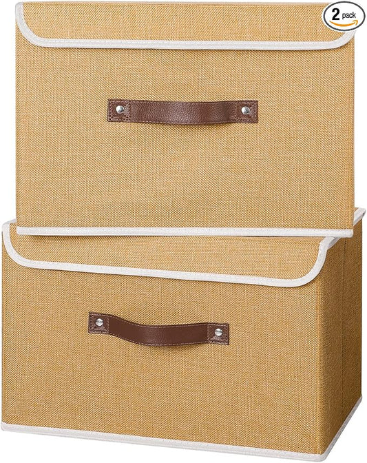 ANMINY 2PCS Storage Bins with Lid PU Leather Handles Storage Boxes PP Plastic Board Decorative Foldable Lidded Cotton Linen Fabric Home Cubes Baskets Closet Organizer Containers - Khaki, Large Size