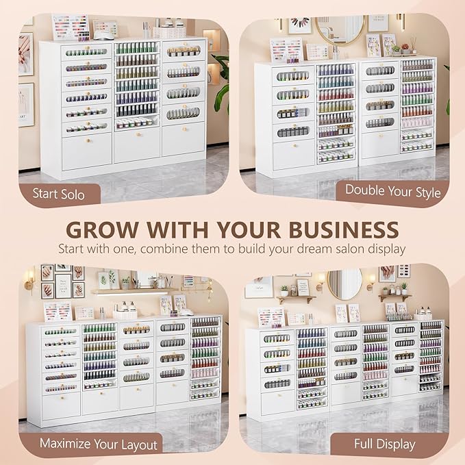 OmySalon Nail Polish Organizer Cabinet with Drawers, 47.2" L Large Nail Salon Storage for Polish & Powder, 7 Clear & 10 Visual Drawers, Wooden Beauty Salon Furniture (White)