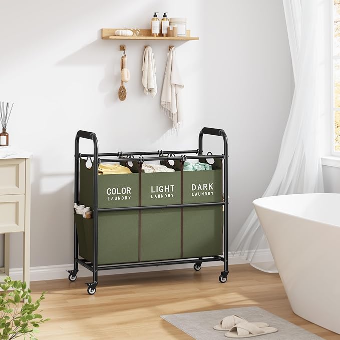 Tajsoon 3 Bag Laundry Sorter Cart, Laundry Hamper Sorter Basket with Heavy Duty Lockable Rolling Wheels for Clothes Storage, Green