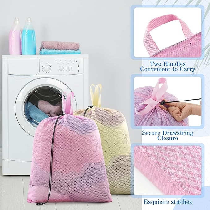 6 Pack 20 x 17 Inches Colorful Soft Mesh Laundry Bag with Handles Machine Washable Secure Drawstring Closure Large Sturdy Mesh Net Laundry for College Travel Dorm Laundromat