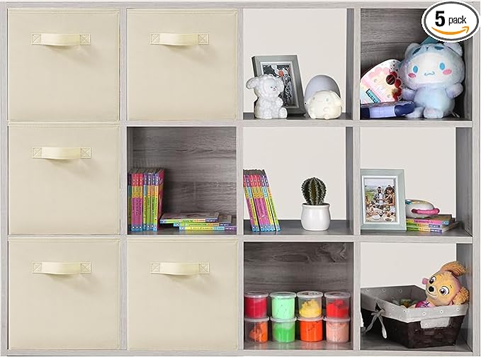 11x11 Inch Storage Bins Cubes, Fabric Foldable Storage Box, Collapsible Closet Organizer for Clothes, Blankets, Office, Bedroom, Living Room, Shelf Cabinet, Bookcase, Beige, 5 Pack