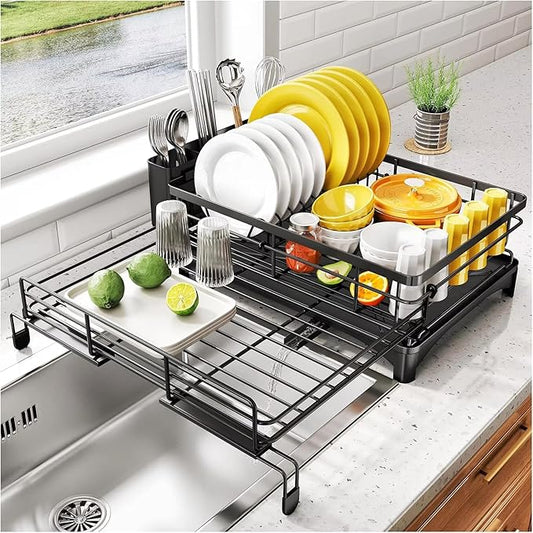 Premium Expandable Dish Drying Rack with Drainboard – 2-in-1 Large Capacity Countertop & Over-Sink Dish Rack, Rust-Resistant Metal