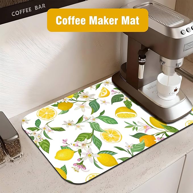 Lemon Floral Coffee Drying Mat 12" x 19", Non-Slip Absorbent Quick-Dry Mat, Coffee Station Accessory for Countertop Protection Decor