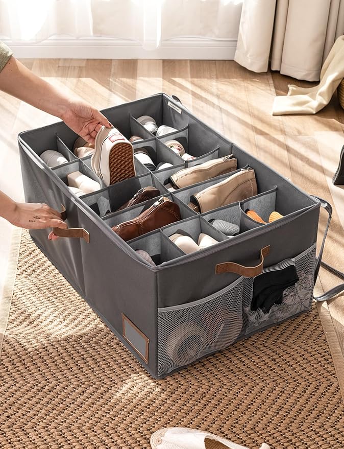 StorageWorks Shoe Organizer for Closet, Shoe Storage Containers for Entryway, Fabric Shoe Cubby Storage for Slippers and Flats, Shoe Storage Bins with Side Mesh Pocket, Fits up to 20 Pairs, Gray