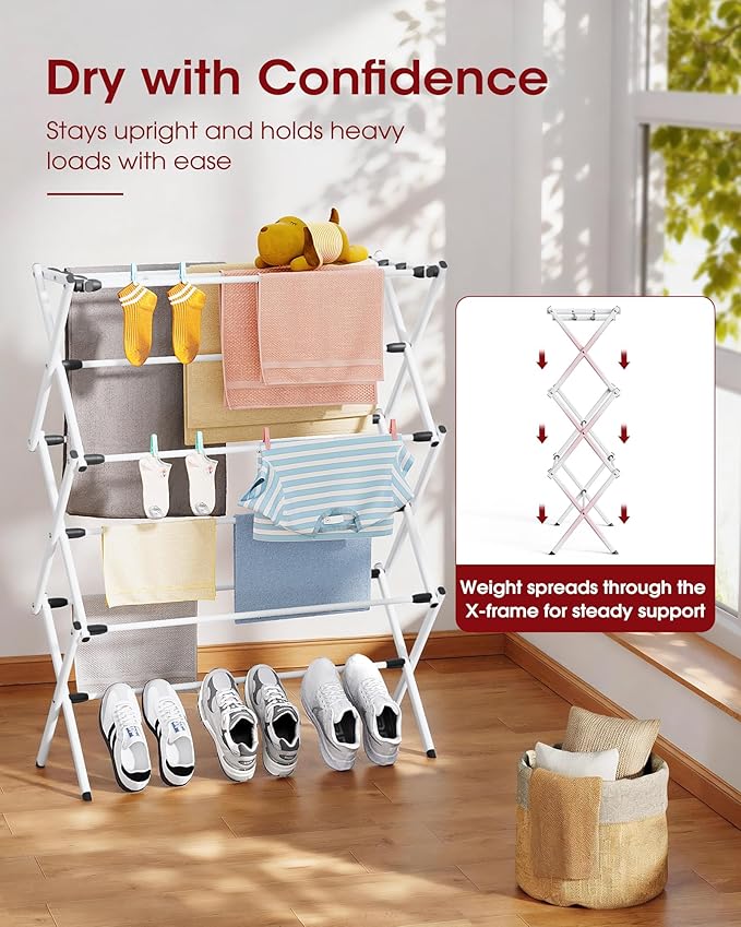 Sakugi Foldable Clothes Drying Rack – Metal Laundry Drying Rack with Non-Slip Feet, 3-Tier Space-Saving Clothing Rack for Organization, Indoor & Outdoor Use, 11.4"D x 29.1"W x 37.4"H, White and Black