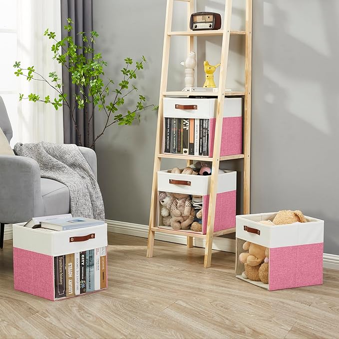 Bagnizer Storage Cubes, 4 Pack Linen Foldable Storage Bins (13 x 13 inch) with Clear Window and Handles, Fabric Organizer for Shelf Closet, Clothes, Books - (Pink and White)