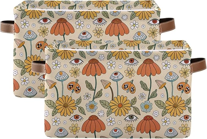 xigua Mushroom Eyes Storage Basket Collapsible Storage Bins Waterproof Canvas Storage Basket with Leather Handles for Home Closets Offices,Bedrooms,Gift Baskets,1PCS