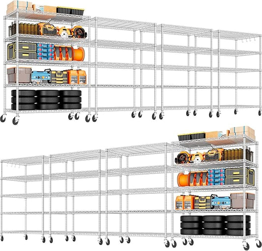 PrimeZone 5 Tier 48" Wx24''Dx81''H Wire Shelving with Wheels 3000lbs NSF Storage Shelves Heavy Duty Metal Shelf Adjustable Rolling Rack Commercial Garage Restaurant Warehouse Kitchen Chrome 8Pack