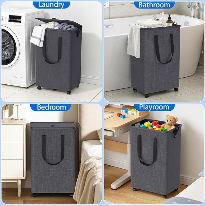 Laundry Basket with 5 Wheels, Tall Dirty Laundry Hamper, Rolling Laundry Basket with Lid, Large 90L Collapsible Clothes Hamper for Laundry Room Bedroom Bathroom Dorm, Light Gray