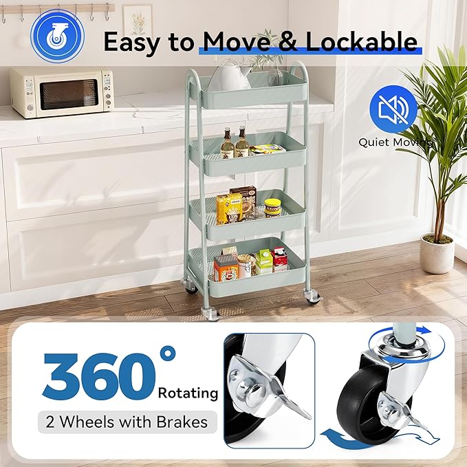 OLIXIS Metal 4 Tiers Utility Rolling Cart, Mobile Storage Shelf with Lockable Caster Wheels, Organization for Livingroom, Bathroom, Kitchen, & Narrow Places, 4-Tier Green