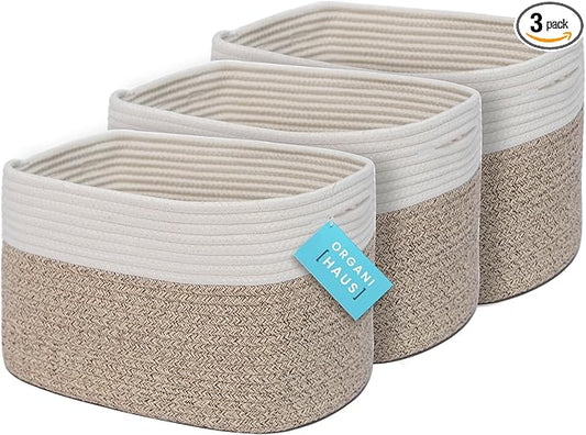 OrganiHaus Rope Baskets for Shelves - Set of 3 Woven Storage Baskets for Organizing, Closet & Toy Storage - Brown/Off-White - 15x9x10