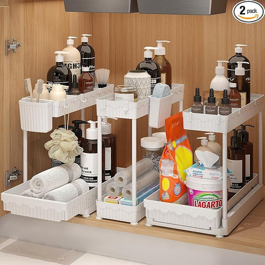 Sevenblue 3 Pack Multi-Purpose Under Sink Organizers and Storage, 2026 L-Shaped Pull Out Cabinet Organizer for Bathroom & Kitchen, Under Cabinet Organizer with Hooks Hanging Cup (White, 14.85 inch)
