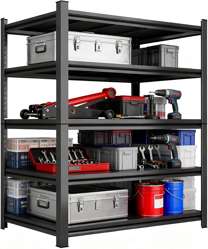 Garage Shelving Metal Garage Shelf Unit 5-Tier Storage Shelves Heavy Duty Shelf Organizer Industrial Shelves for Warehouse Basement Kitchen Pantry, Black, 45" W X 63" H X 20" D