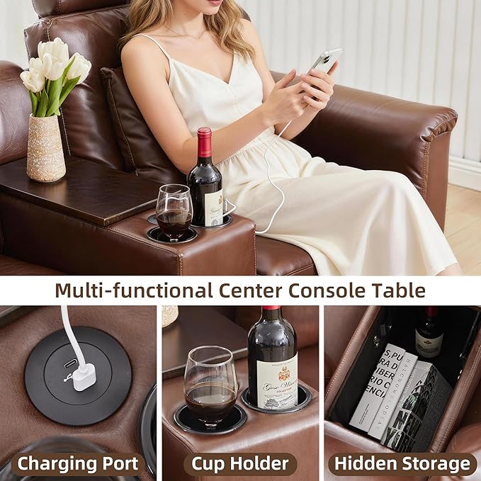 LEVNARY 6-Seat U Shaped Modular Sectional Sofa with Power Recliners, Upholstered Faux Leather Couch Storage Console with Charging Ports & Cup Holders, Living Room Couch Set for Home Office (Brown)