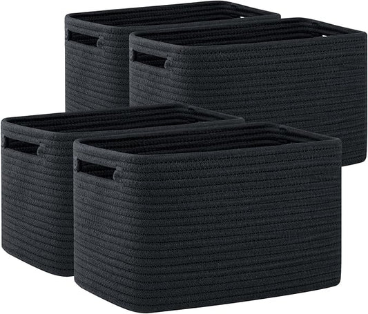 OIAHOMY 4 Pack Storage Baskets for Organizing, Cube Storage Bins for Shelves, Rectangle Storage Baskets With Handles, Woven Baskets for Storage, 16''Lx12''Wx8''H, Black