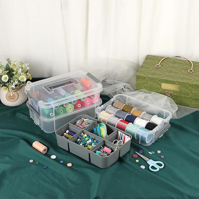 JUXYES 2 Pack 3-Tiers Stack Carry Storage Box With Divided Tray, Transparent Stackable Storage Bin With Handle Lid Latching Storage Container for School & Office Supplies, Dark Gray
