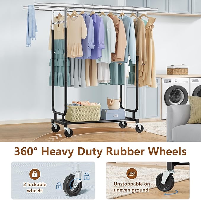 Heavy Duty Rolling Clothes Rack, 620 LBS Load Double Rod Adjustable Garment Rack with Storage Shelves & Lockable Wheels, Portable Clothing Rack for Hanging Clothes for Bedroom, Laundry Living Room