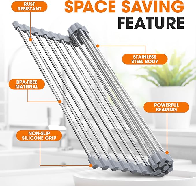 Cheer Collection Dish Drying Rack – Multipurpose Over The Sink Drying Rack Non-Slip Stainless Steel Rack – Heat Resistant and Dishwasher Safe