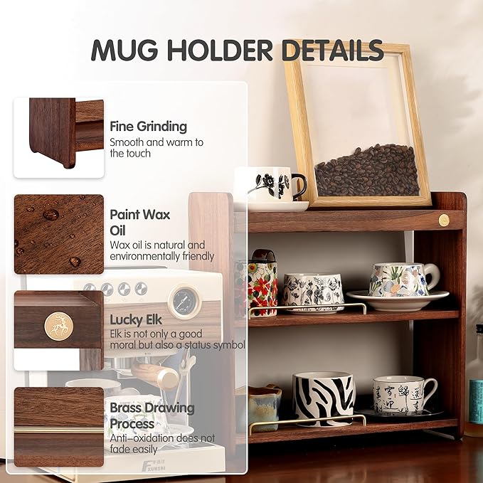 Coffee Mug Holder Wooden Cup Rack Mug Display Shelf Coffee Cup Holder for Countertop with 3 Tier Wood Coffee Mugs Holder for Kitchen Coffee Cup Storage