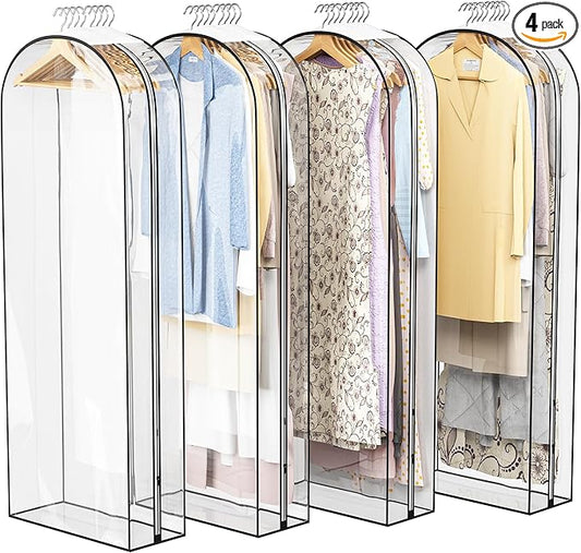 Liuoud Clear Garment Bag for Hanging Clothes 10” Gusseted, 60” Suit Bags for Open Closet Storage Plastic Clothes Cover for Coat, Dress, Shirts, Fur, Jacket, Wardrobe Protectors, 4 Pack