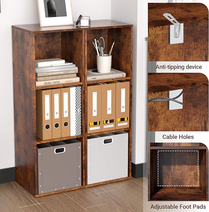 Cube Storage Organizer, 3 Cube Retro Bookshelf, Freestanding 3 Tier Open Shelf, Rustic Brown Retro Shelves for Home Office, Bedroom, Living Room, Study