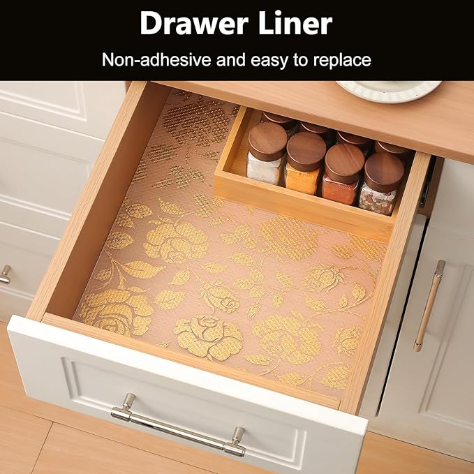 INNOLITES Shelf Liner for Cabinets, Non-Adhesive for Kitchen Drawer Liner, Waterproof Shelf Paper with Floral Pattern, Durable Easy to Clean (Golden Rose, 23.6" x 360")