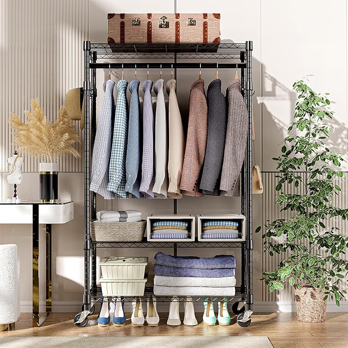 M MZG Heavy Duty Rolling Garment Rack 3 Tiers Adjustable Wire Shelving Clothes Rack with Rods and Side Hooks,Storage Closet Clothing Rack with Wheels Black 15.7" D x 29.5" W x 74.5" H