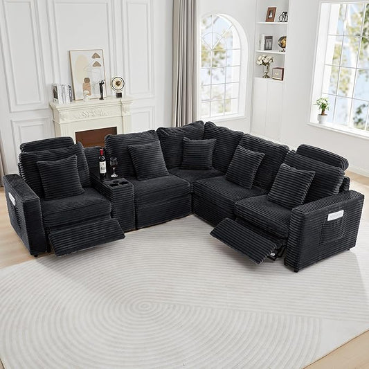 LEVNARY 5-Seat L Shaped Modular Sectional Sofa with Power Recliners, Faux Rabbit Fur Upholstery, Storage Console with Charging Ports & Cup Holders, Living Room Couch Set for Home Office (Black)