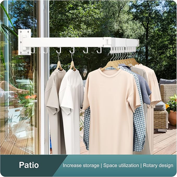 LIENAHU Wall Mounted Clothes Drying Rack, Collapsible, Folding, Retractable - Clothes Hanging Rack (Hooks, White)
